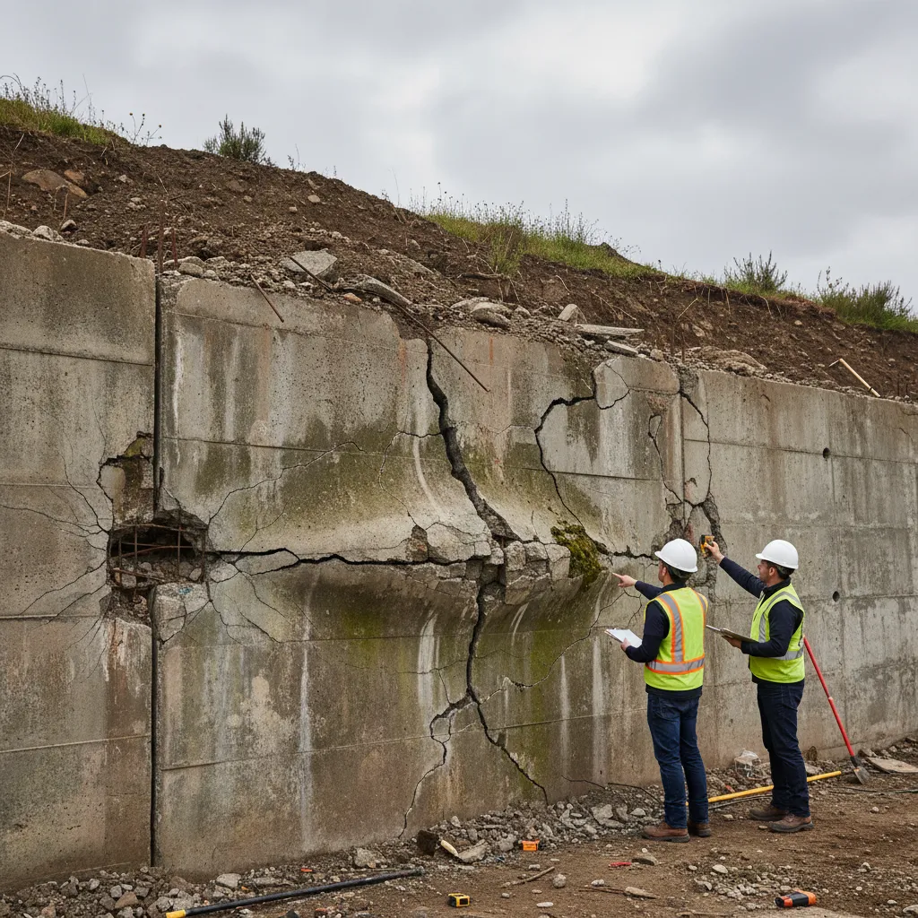 Ejemplo de muro de contención agrietado por presión del terreno
