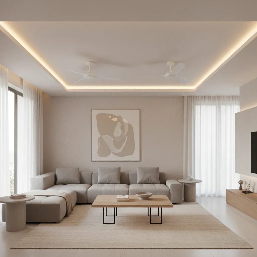 False ceiling with cove lighting and two ceiling fans in living room