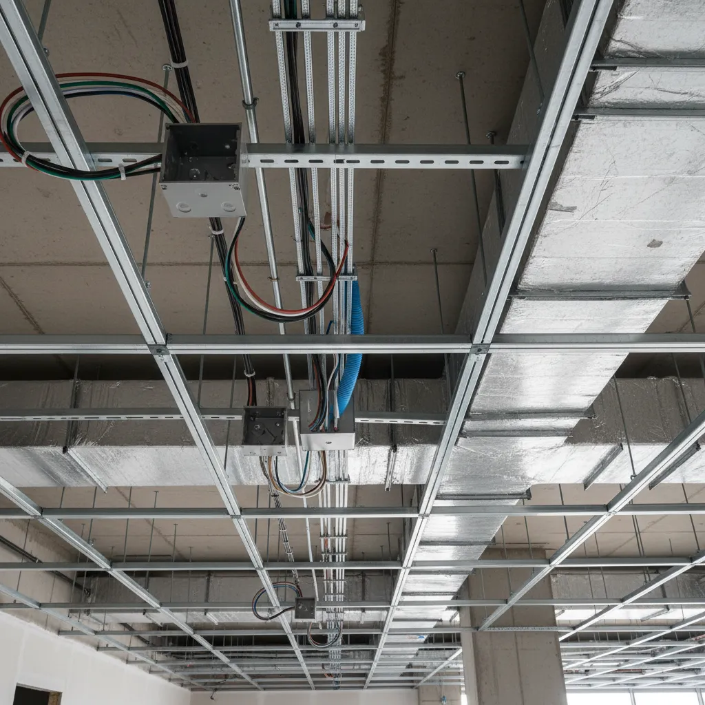 Electrical wiring and conduit above false ceiling for ceiling fan installation
