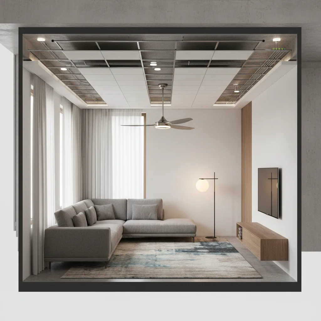 Illustration showing ceiling fan height clearance below a false ceiling