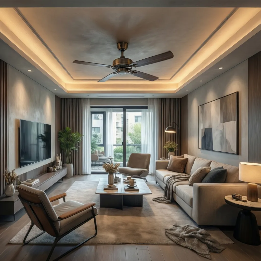 Warm living room with large sofa armchair coffee table wall art and modern ceiling fan