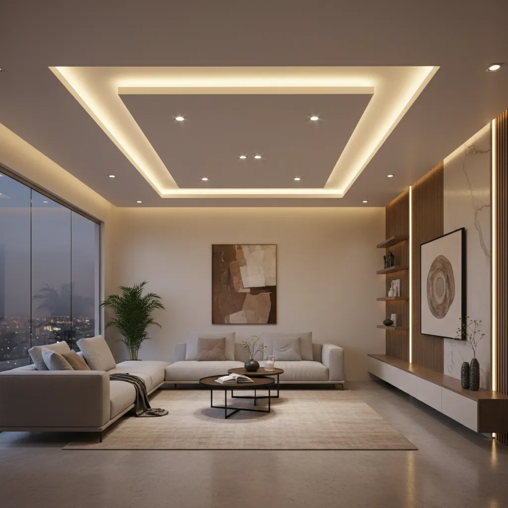 Layered lighting in a modern living room false ceiling