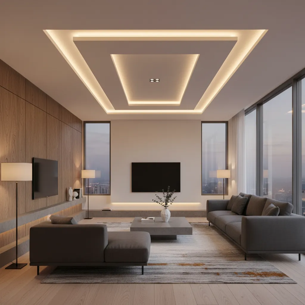 Techo falso con iluminación LED indirecta en salón moderno
