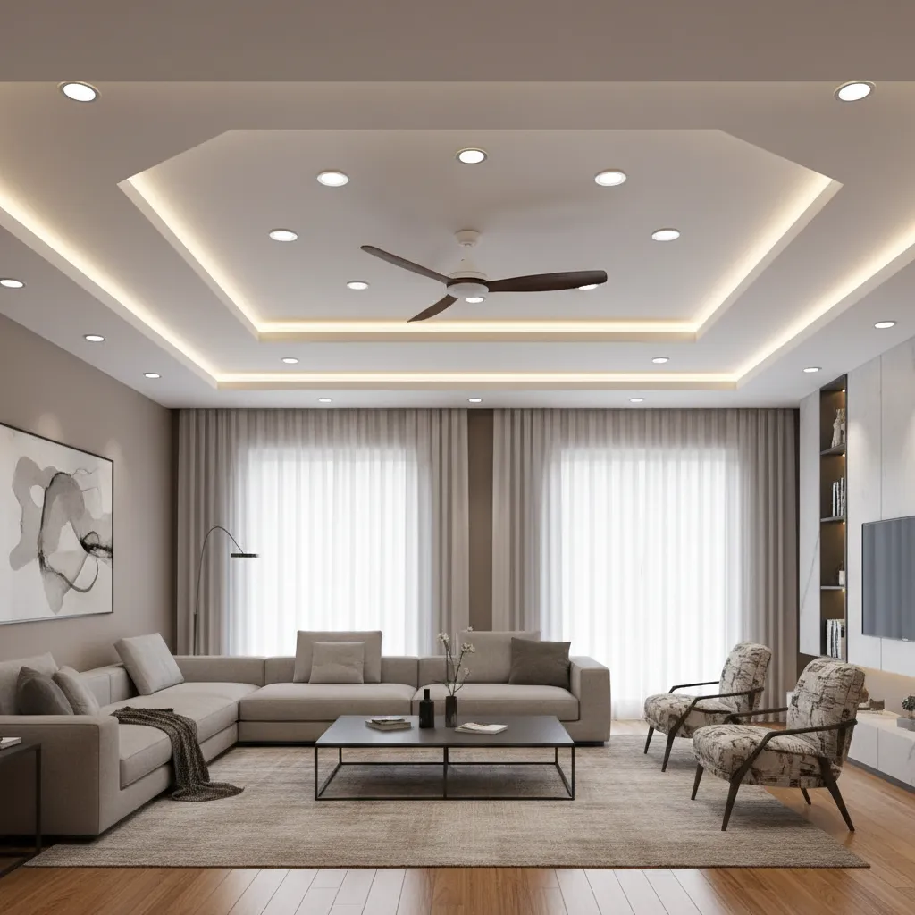 Living room with grey sofa wooden floor two armchairs and ceiling fan with many lights