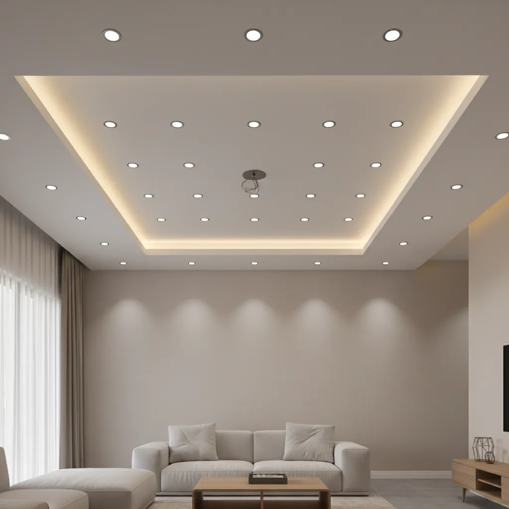 False ceiling lighting layout with perimeter LED and downlights