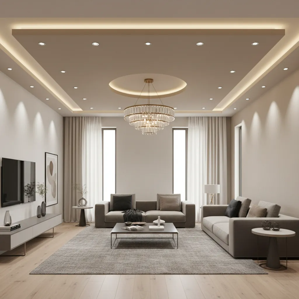 False ceiling lighting layout with recessed lights and cove lighting in living hall