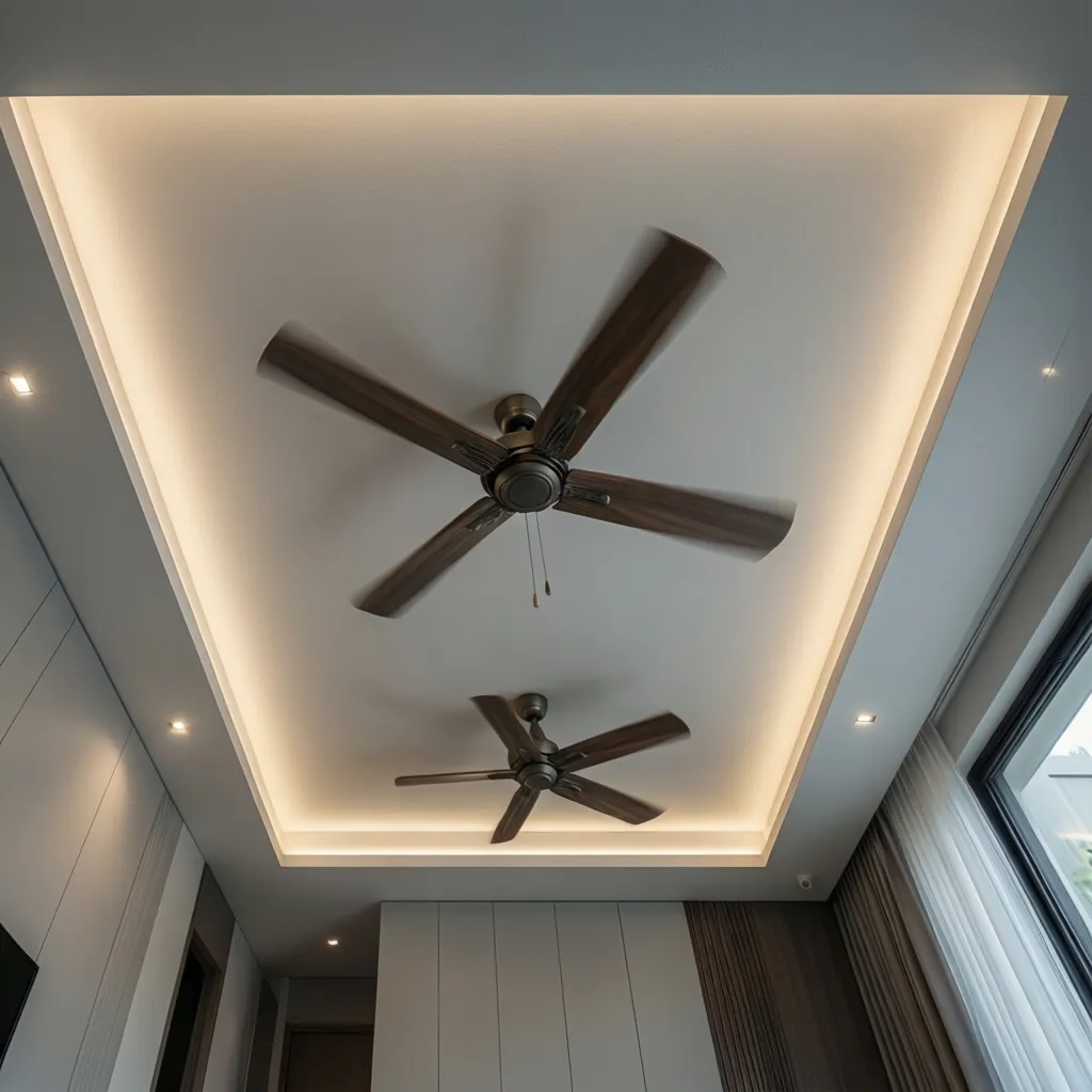 false ceiling design showing proper spacing around two ceiling fans