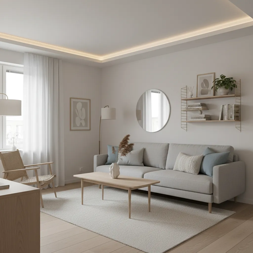 Apartamento pequeño con falso techo minimalista e iluminación indirecta