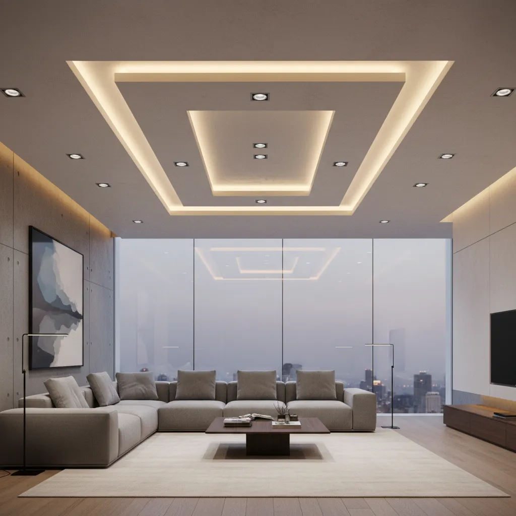 Techo falso con iluminación LED indirecta en sala moderna