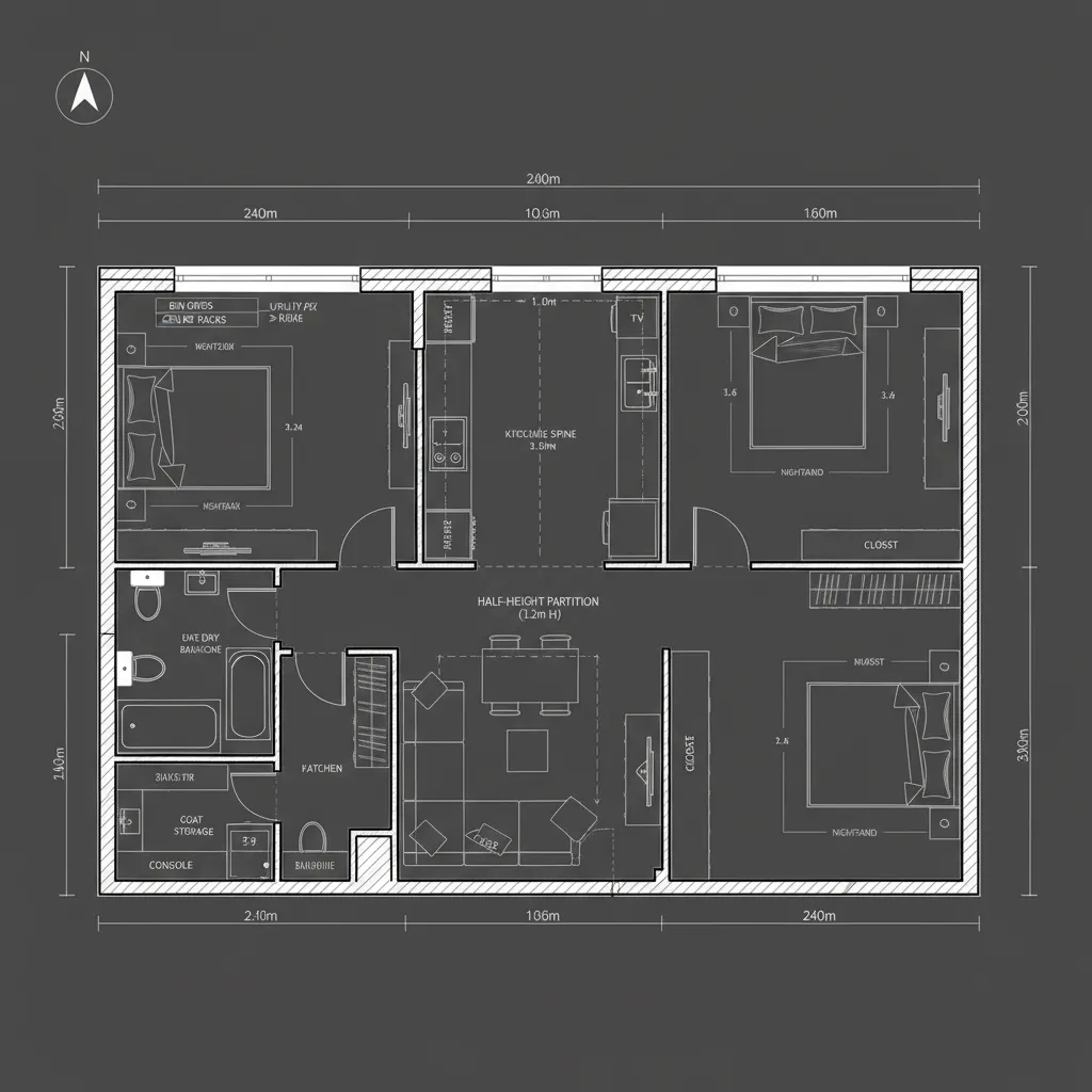 Top-down CAD plan of a 2-bed family unit with a semi-open split kitchen