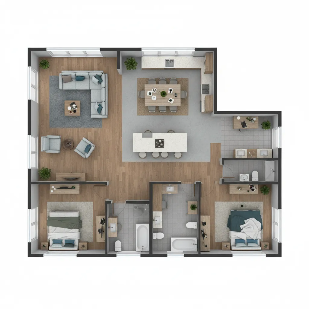 Modern three bedroom house layout with wood floors grey sofa kitchen island and two bathrooms
