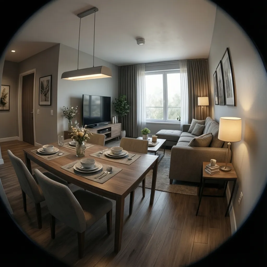 Open living and dining area in a 1000 sq ft apartment designed for family living
