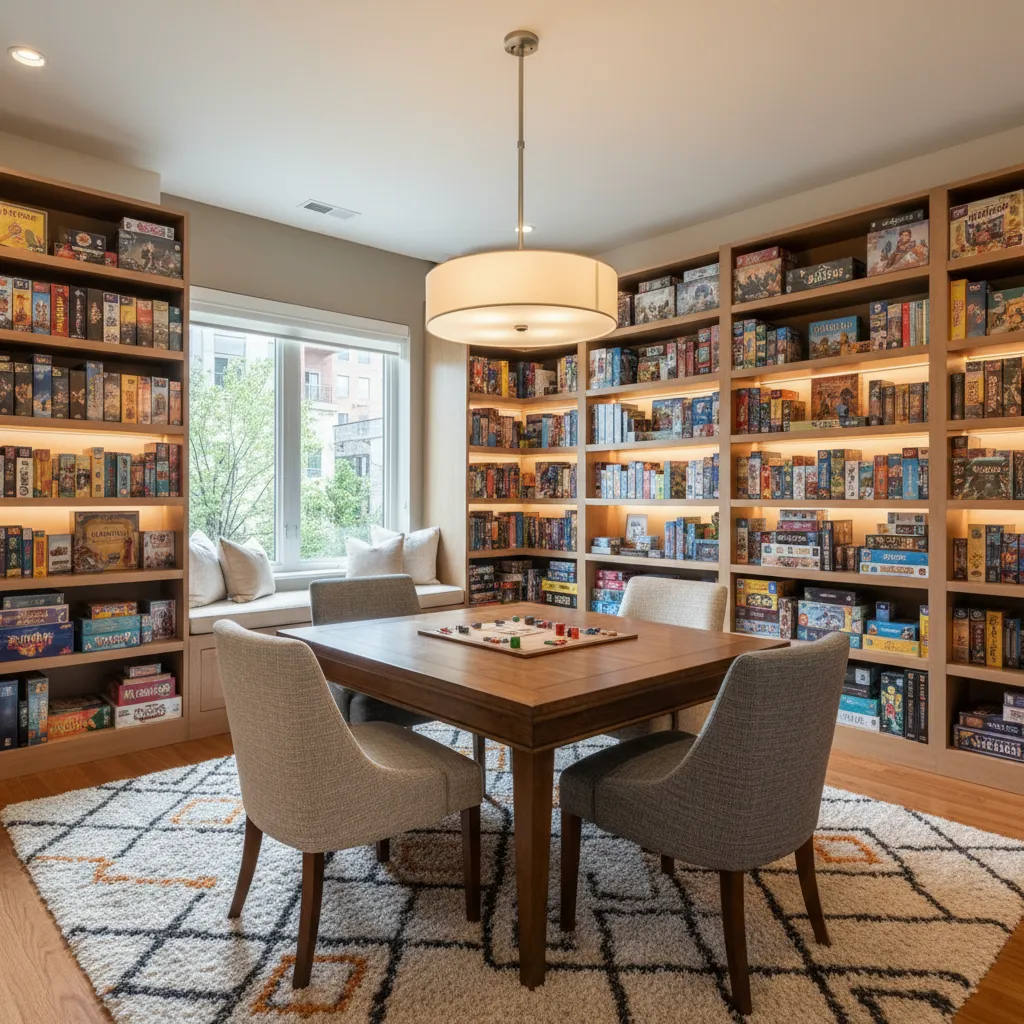 Cozy family board game room with central table and warm lighting