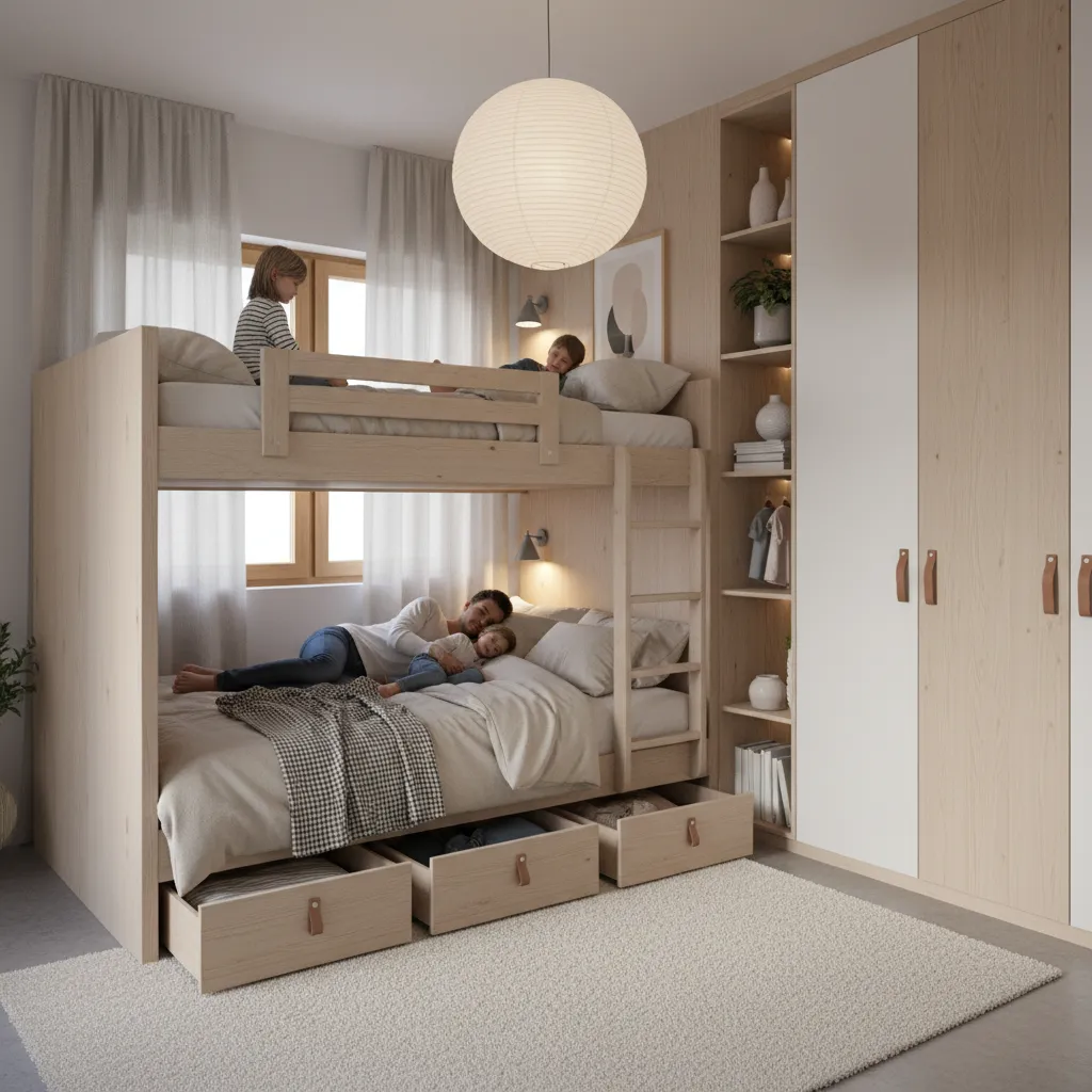 Small bedroom with bunk beds designed for family sleeping