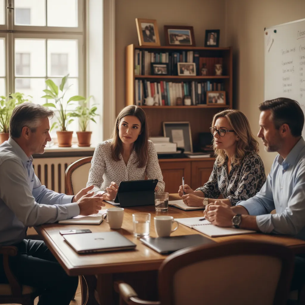 Equipo de empresa familiar reunido revisando decisiones de gestión