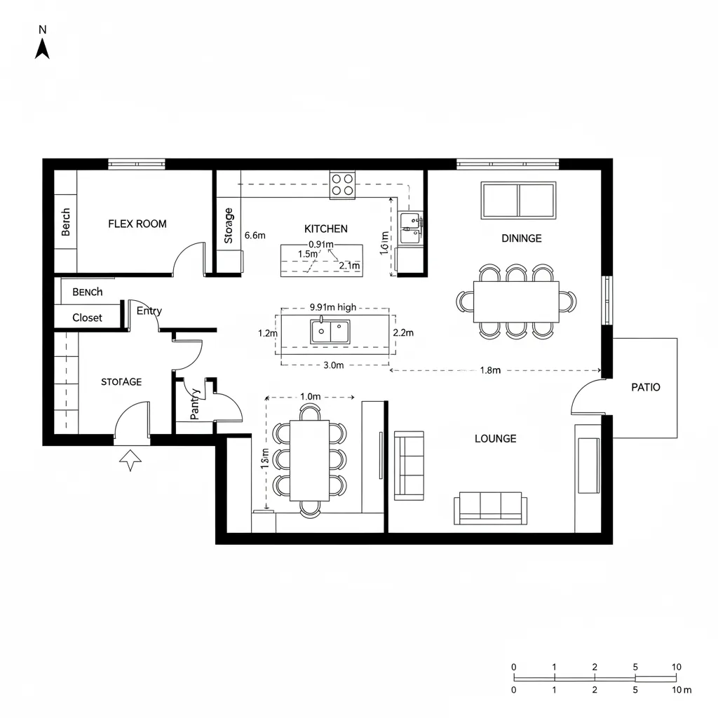 Open floor plan layout including a kitchen island dining area lounge space and a patio