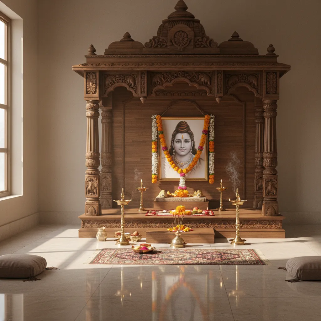 pooja altar focused on a single family deity image