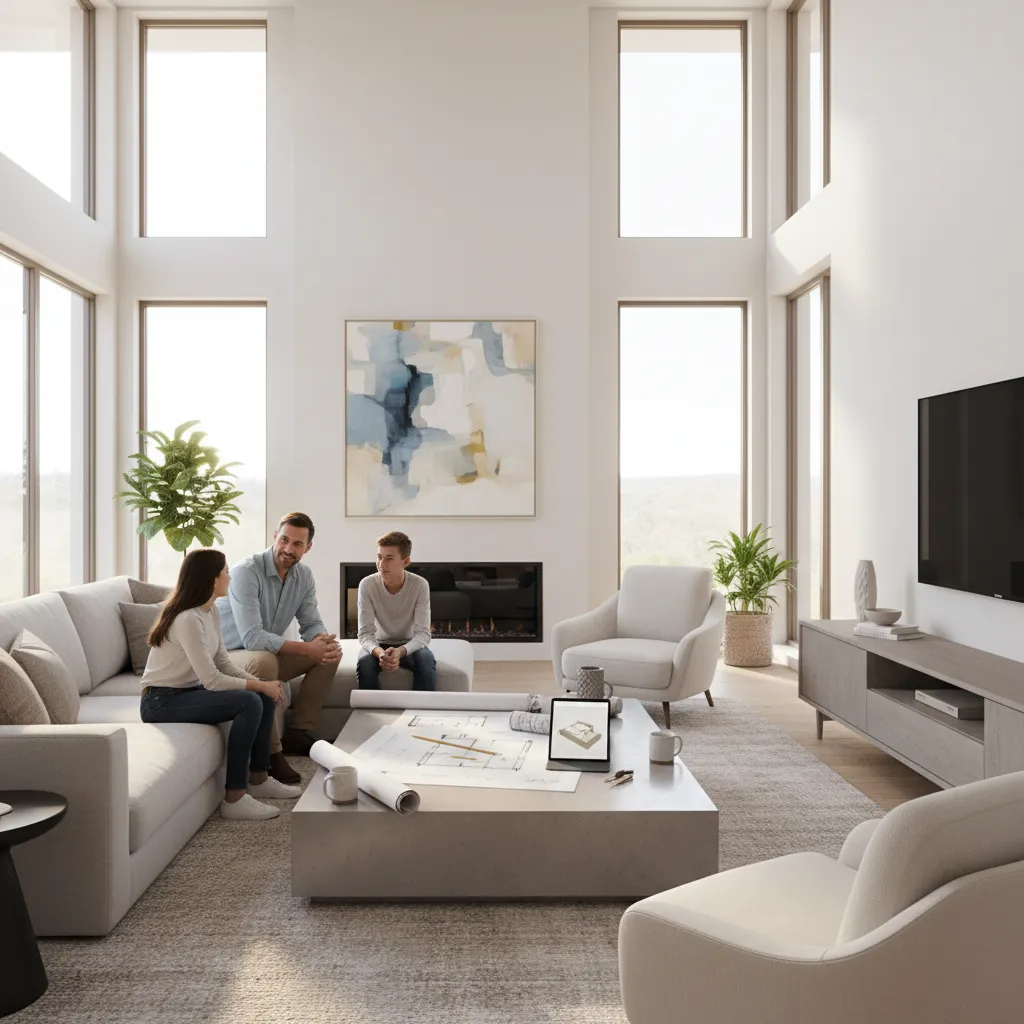 family sitting together discussing home renovation plans in bright living room
