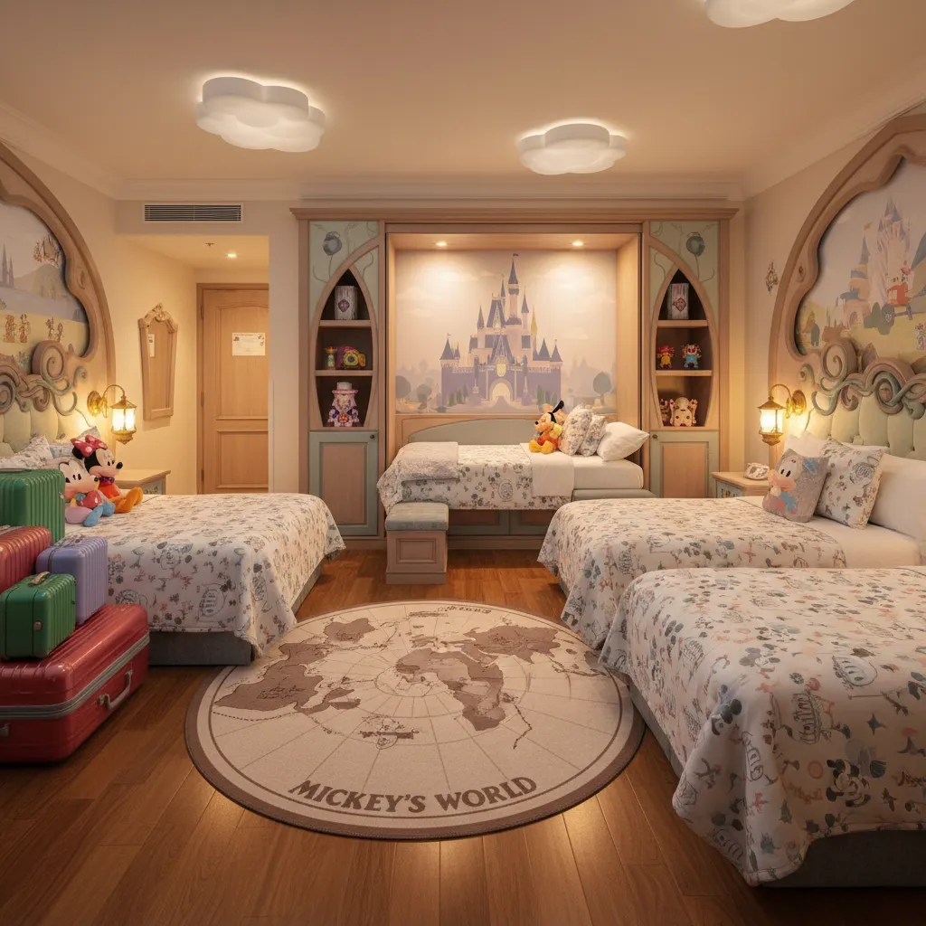 Disney hotel room showing murphy bed folded down for family sleeping layout