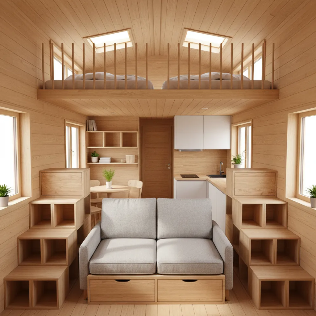 family friendly 16x40 tiny house interior with loft and living area