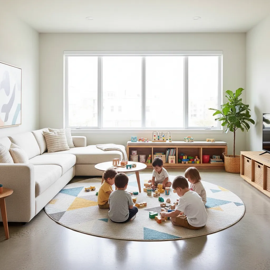 Salón amplio con alfombra de juego infantil