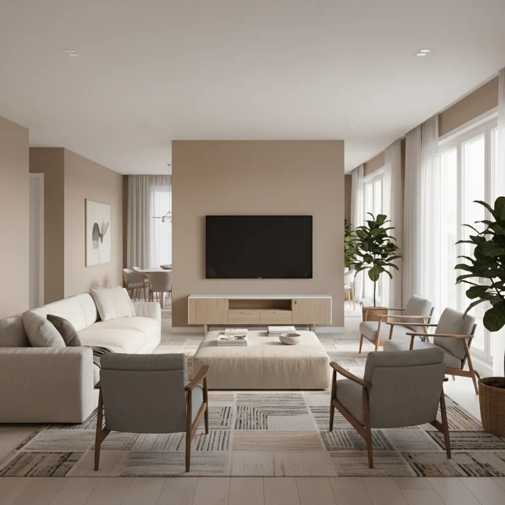 family living room layout showing clear walking path behind sofa