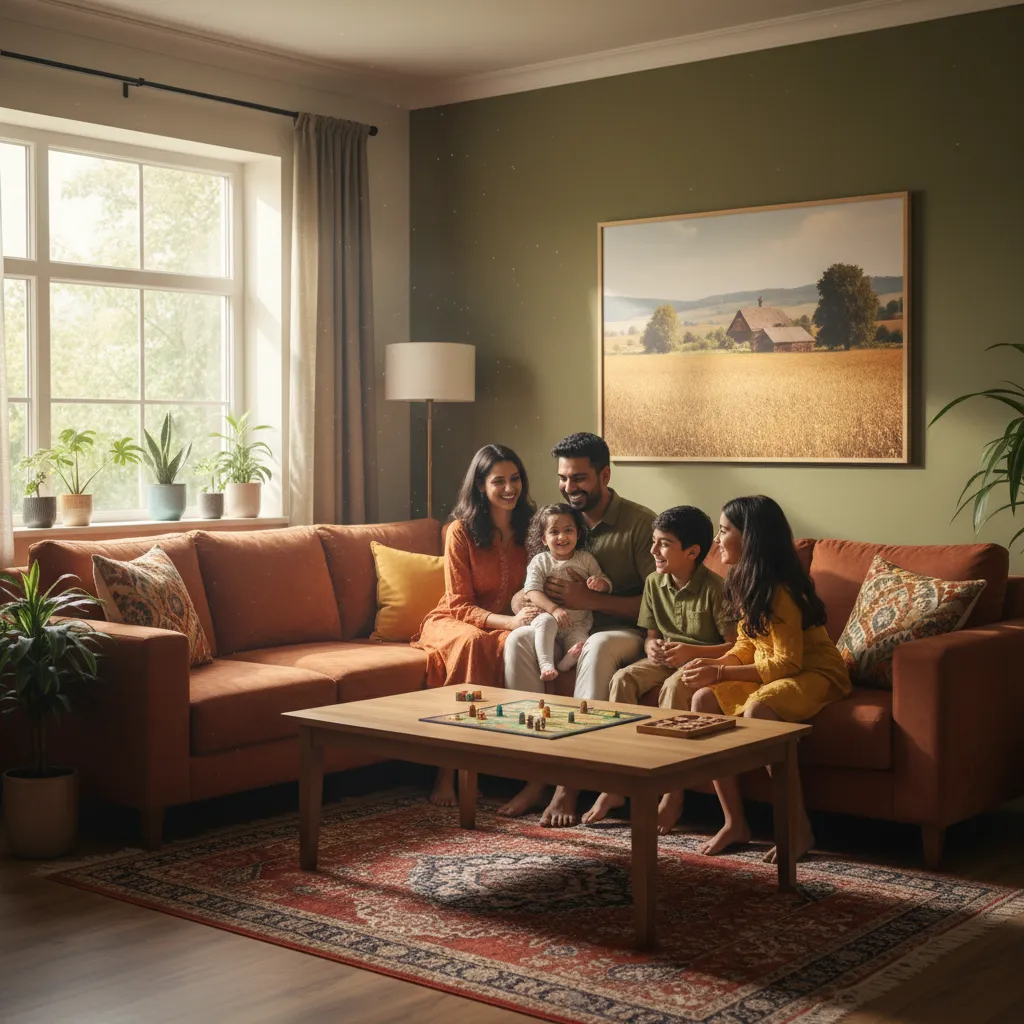 family sitting together in a home hall living space
