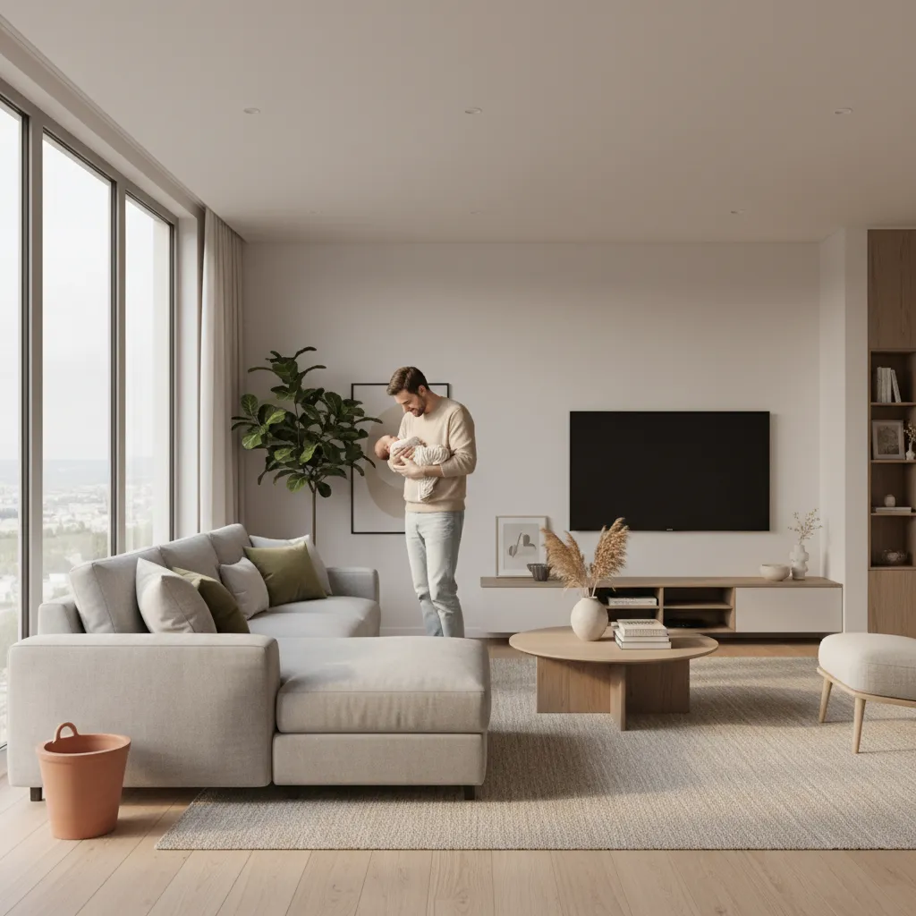 Parent holding baby in living room representing primary household residence