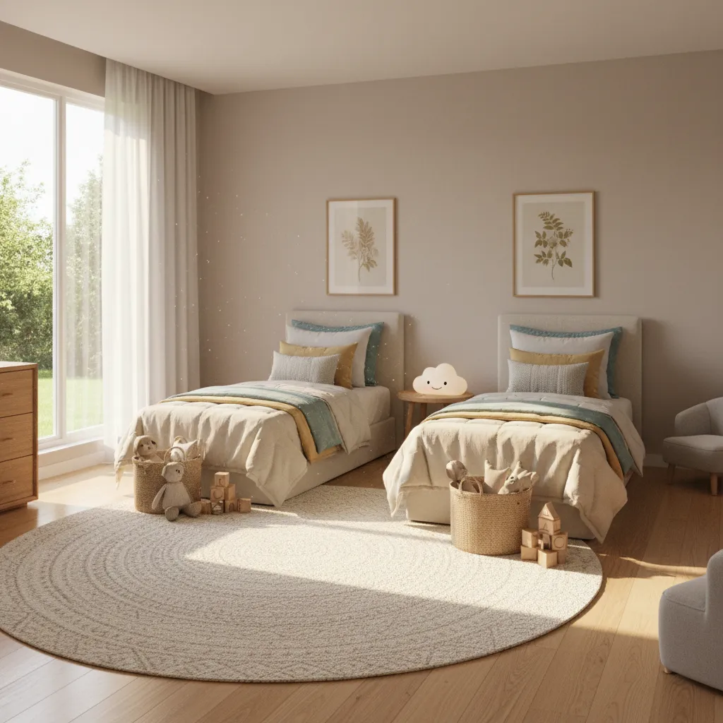 Family home kid friendly guest bedroom with twin beds and toy storage