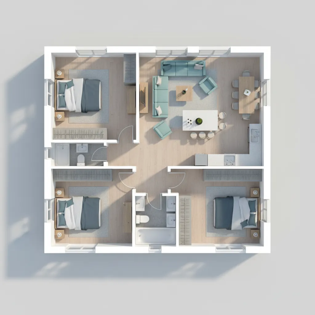 Floor layout illustrating movement paths in a family friendly 1800 sq ft house plan