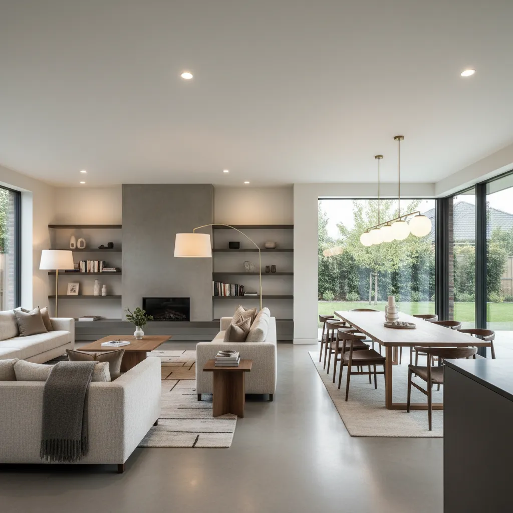 Modern open living room featuring grey sofa wooden dining table ceiling light fireplace and large windows