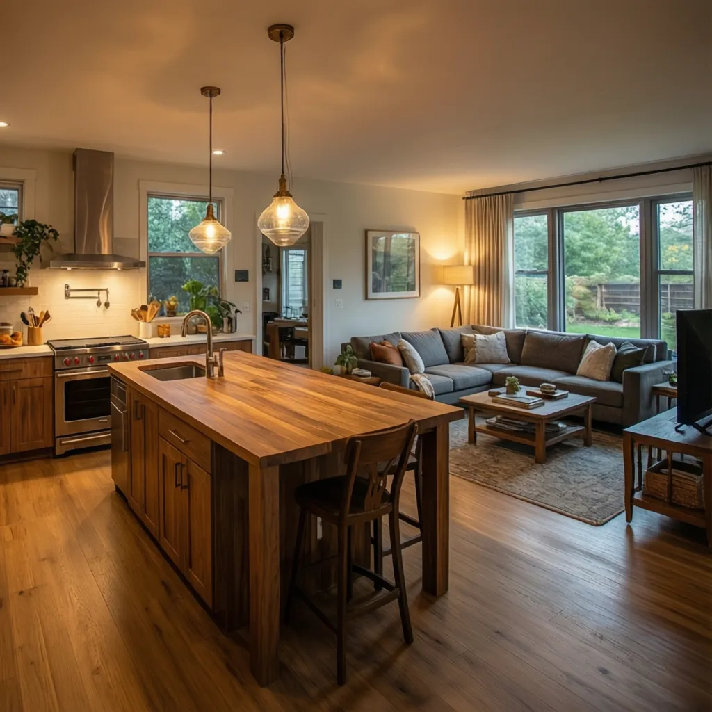 Cocina abierta conectada con el salón en una casa familiar moderna