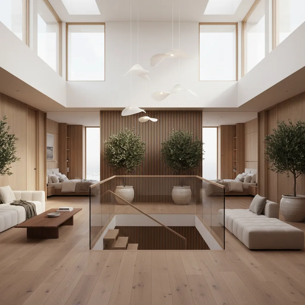 Vista interior de una planta alta con dormitorios y zona de distribución