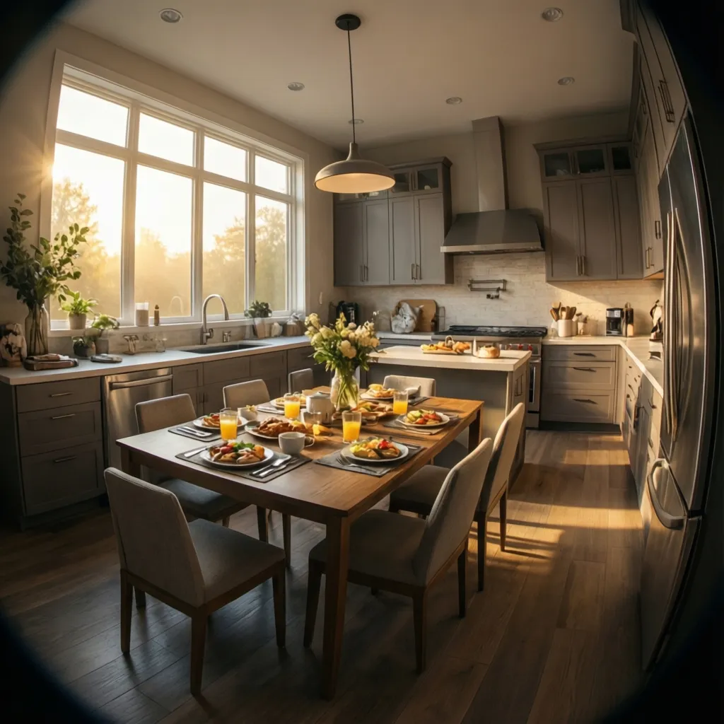 Family kitchen filled with natural morning sunlight from east-facing windows