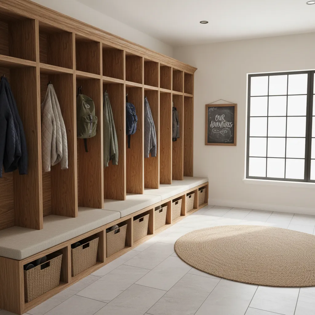 family mudroom with lockers cubbies and bench seating