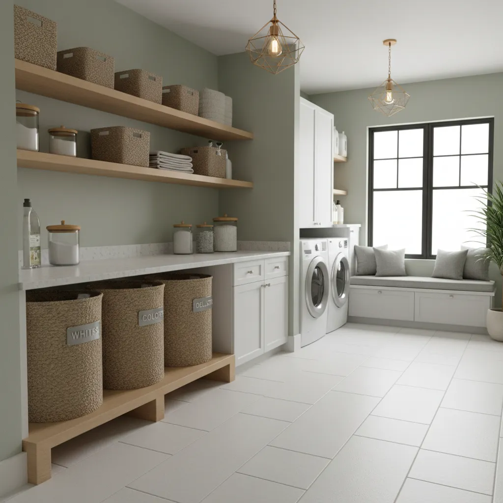 family laundry room layout with multiple sorting zones and folding counter