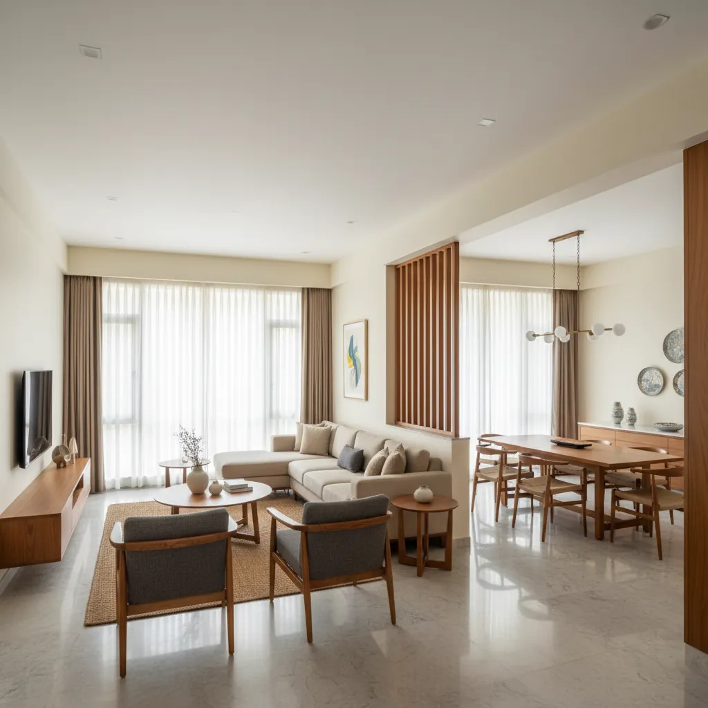 Spacious modern Indian living and dining area typical in 3BHK homes