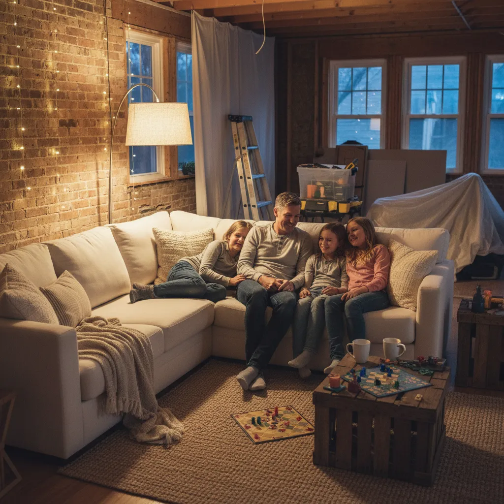 family relaxing together in temporary living space during renovation