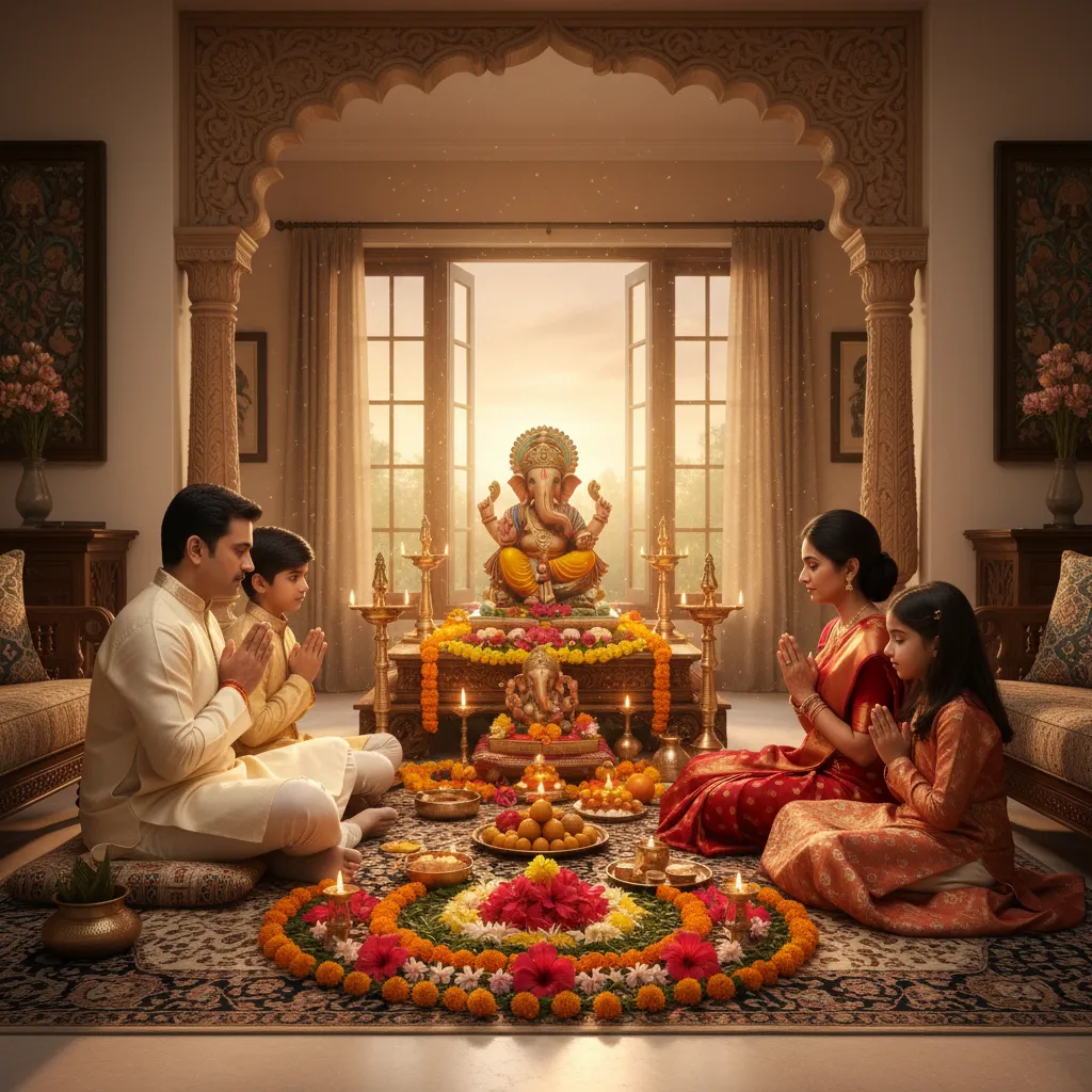 Family performing Ganesh pooja together at a home altar