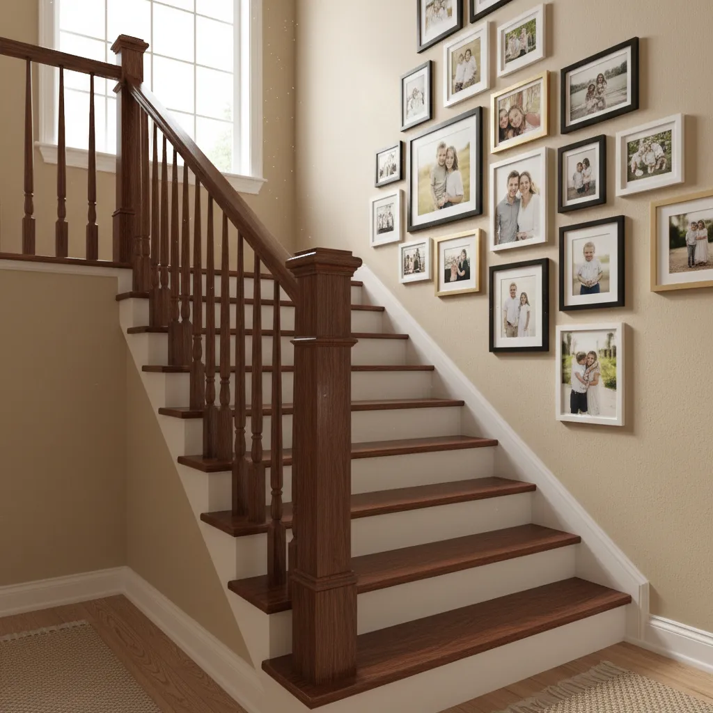 family photo gallery wall along a staircase interior