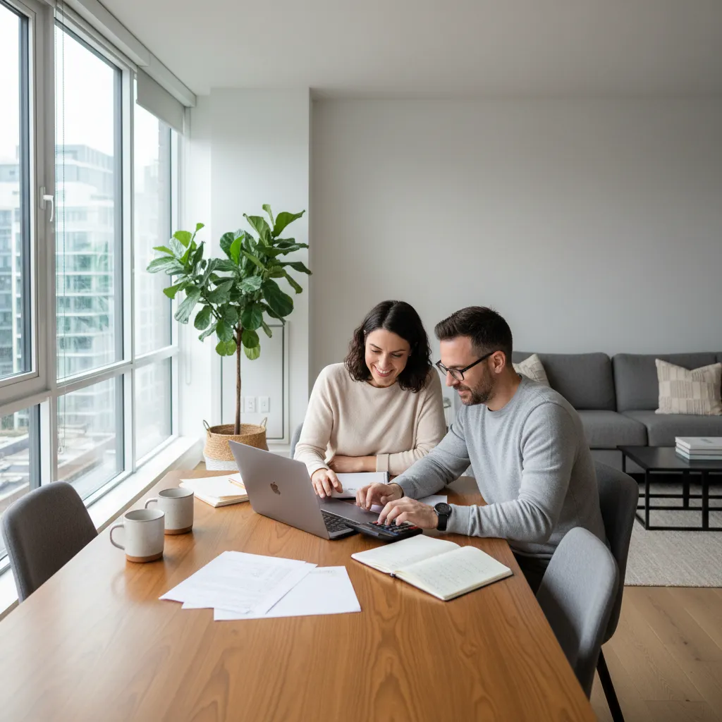 Couple planning home purchase finances with laptop and notes