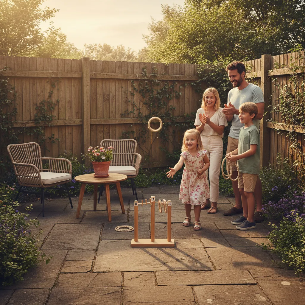 Family playing ring toss game in a tiny backyard patio