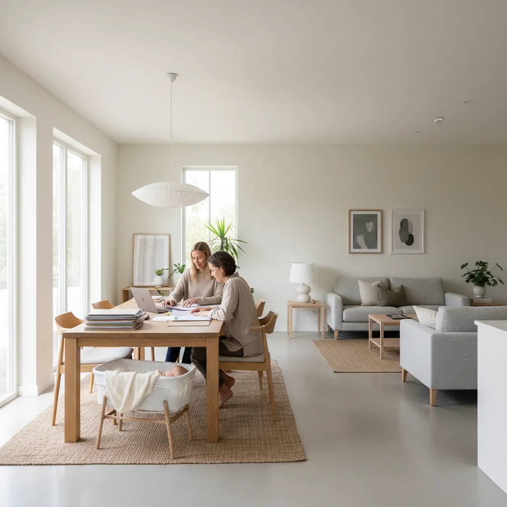 parents organizing documents for baby registration at home table