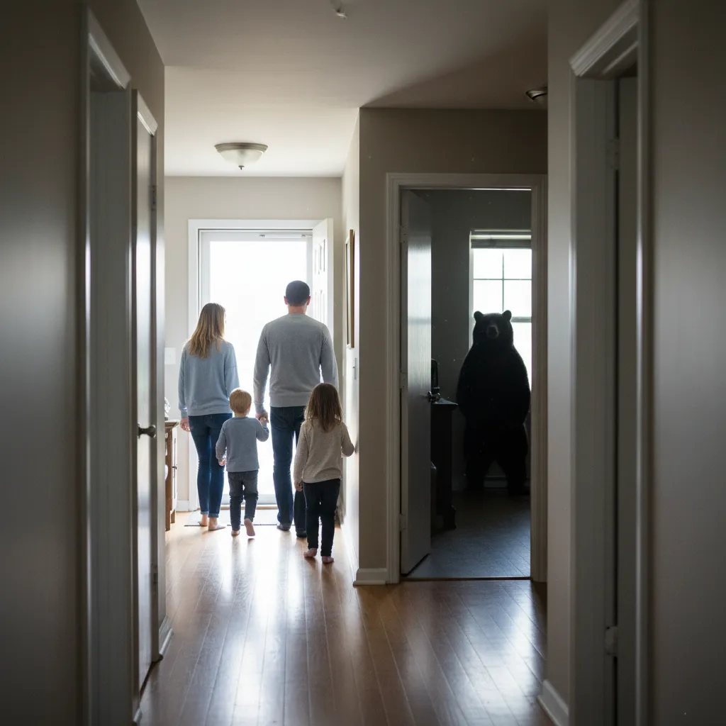 Family walking toward front door while a large black bear stands in the next room