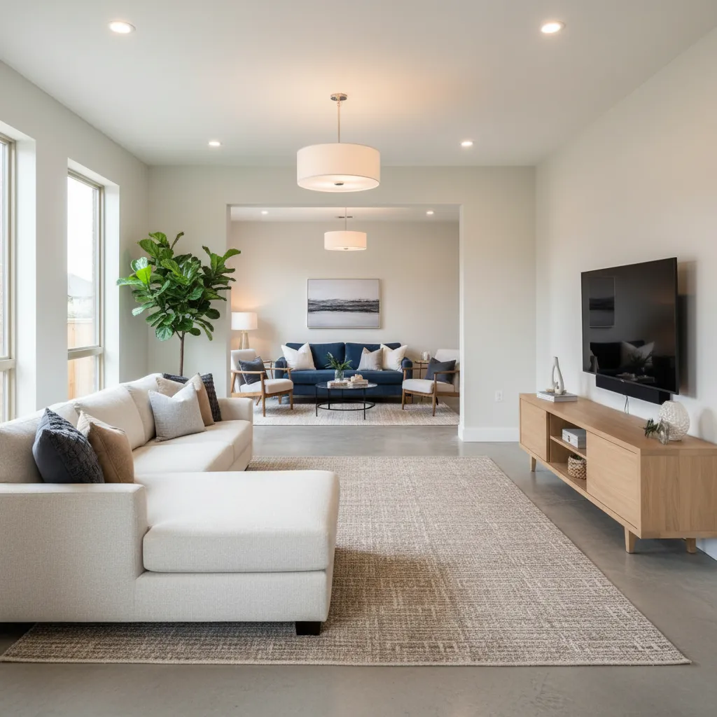 Family relaxing in casual lounge while another living room sits nearby in a modern home