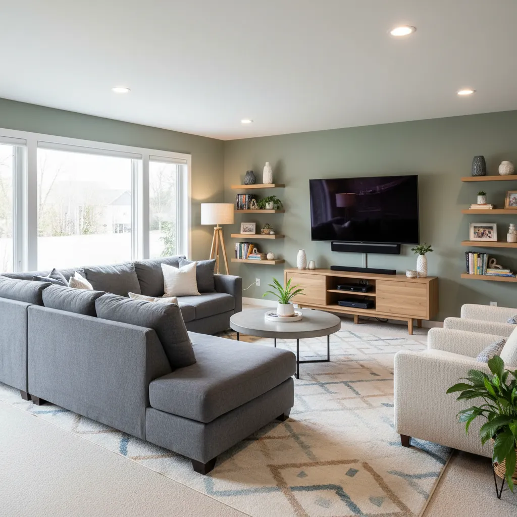 Family room layout with sectional sofa and television wall
