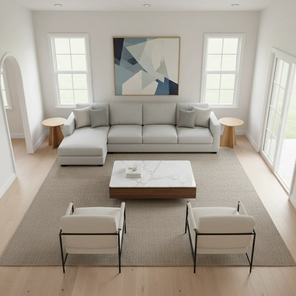 Living room layout diagram showing clear traffic flow paths around furniture