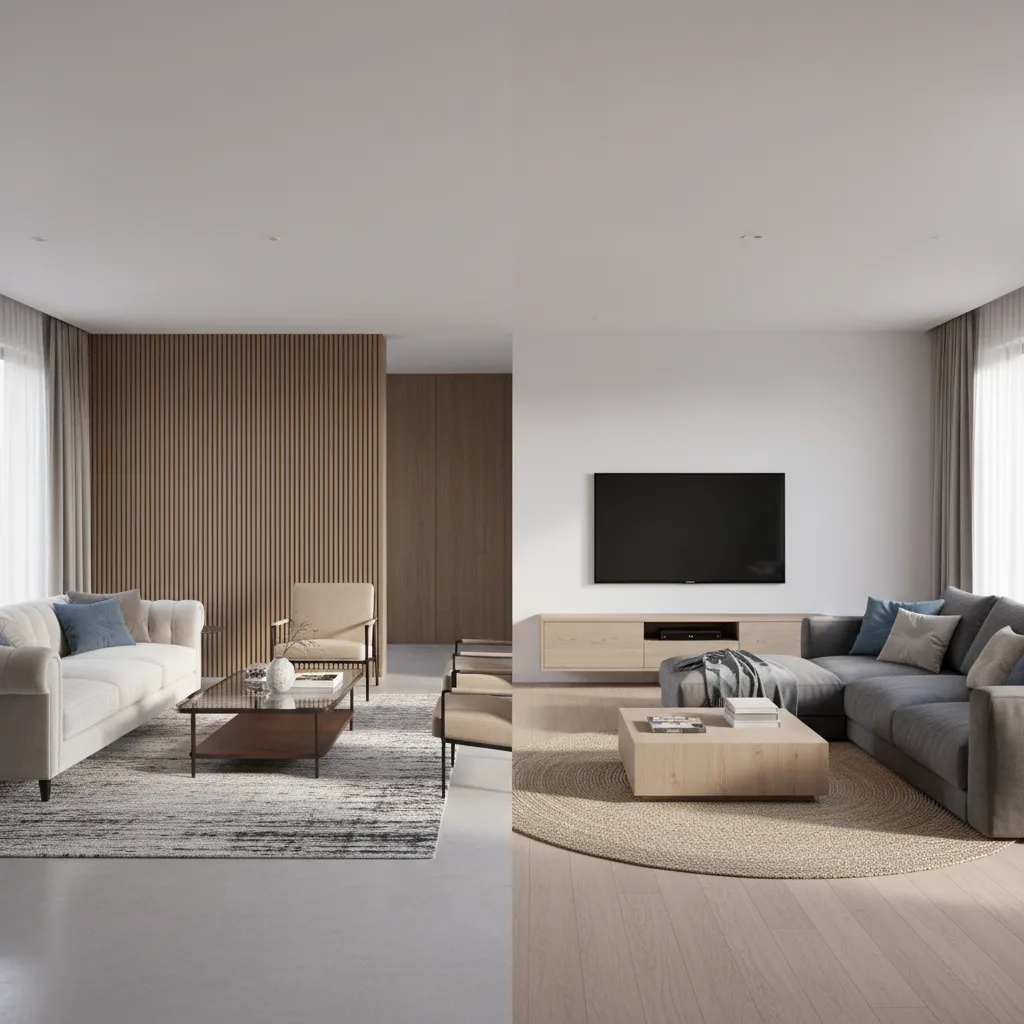 Comparison of formal living room and casual family room layout in the same home