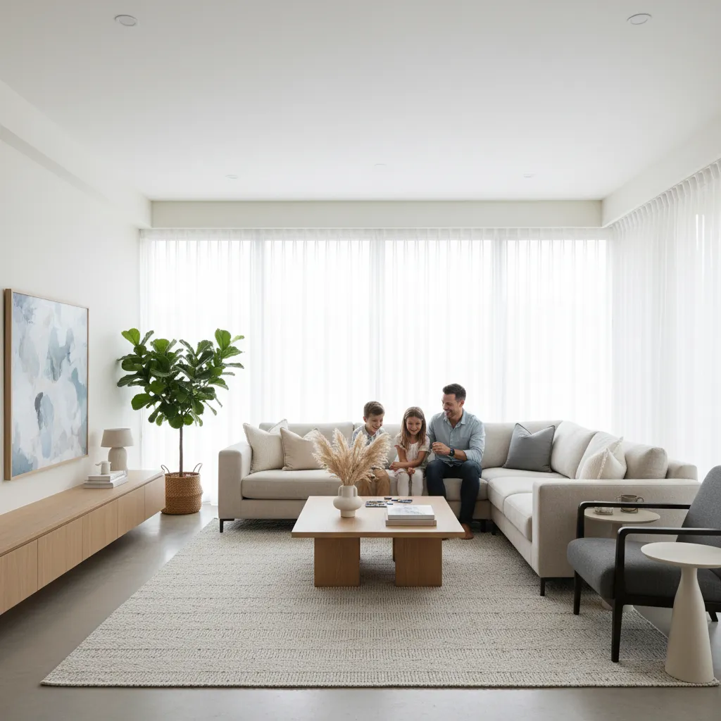 Family sitting and talking together in a home hall living space