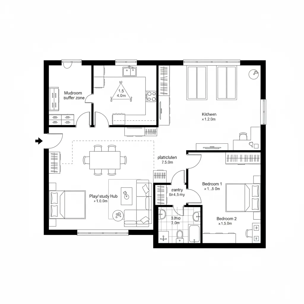 Perimeter loop CAD plan linking mudroom, kitchen, dining, hub, bedrooms, and bath